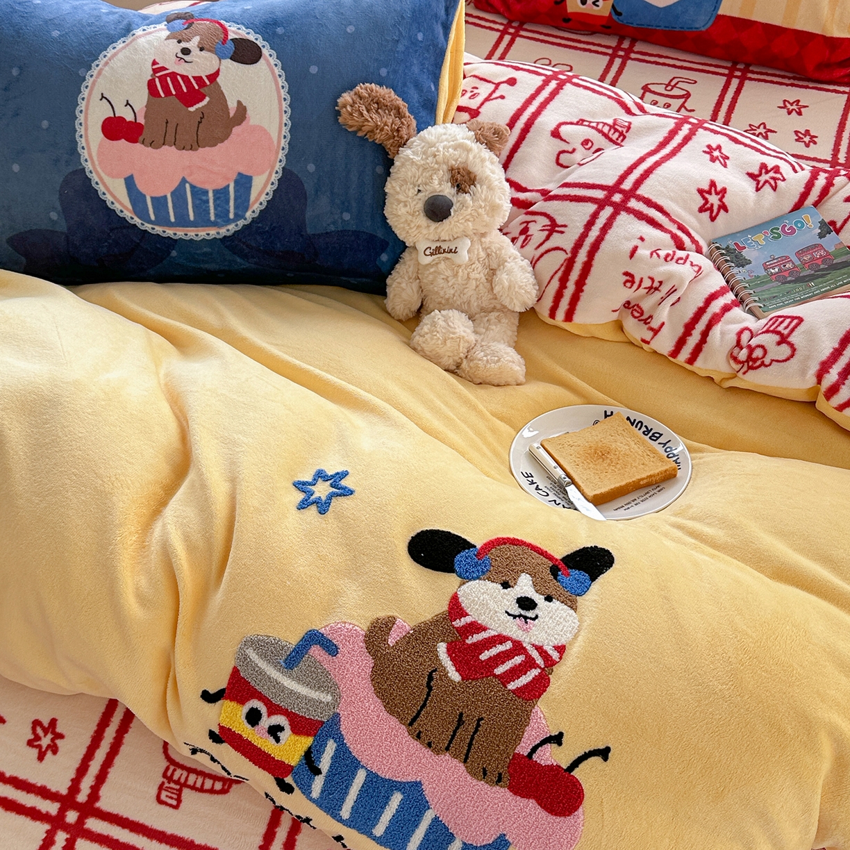 91家纺网 家纺一手货源 找家纺 （总）柚子YOUTH 2025新款加厚牛奶绒卡通毛巾绣四件套-印加绣送同款毛毯