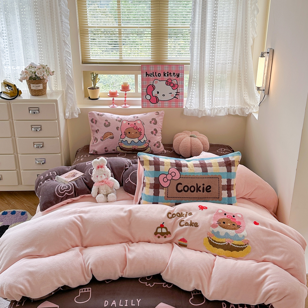 柚子YOUTH 2025新款加厚牛奶绒卡通毛巾绣四件套-印加绣送同款毛毯 头套猫