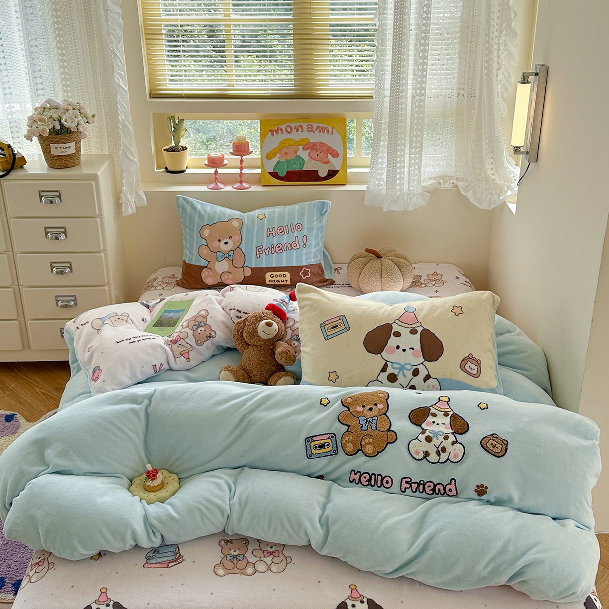 柚子YOUTH 2025新款加厚牛奶绒卡通毛巾绣四件套-印加绣送同款毛毯 小伙伴