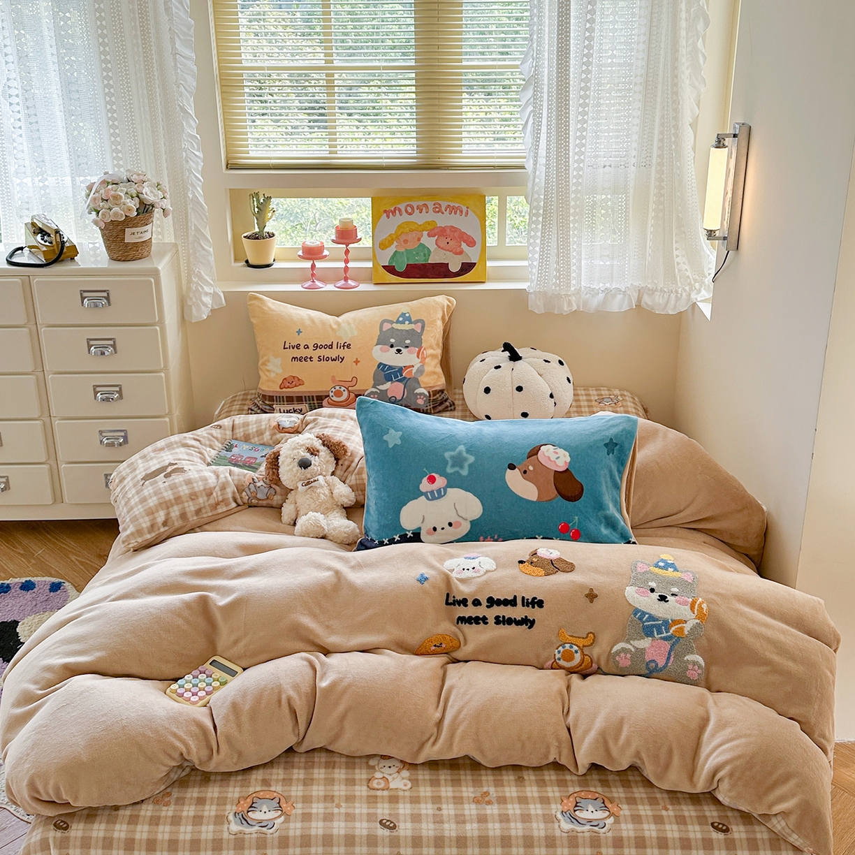 柚子YOUTH 2025新款加厚牛奶绒卡通毛巾绣四件套-印加绣送同款毛毯 雪纳瑞