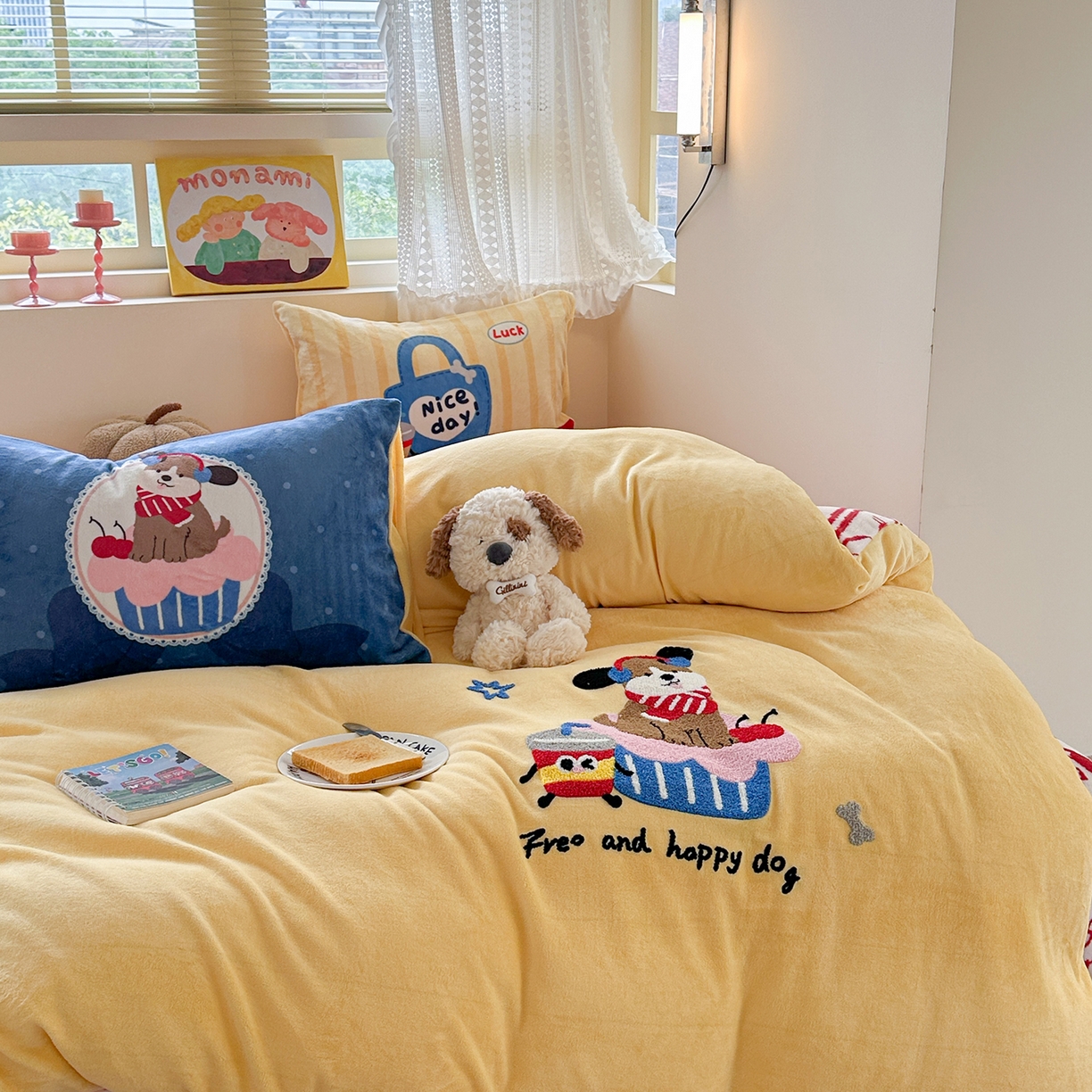 91家纺网 家纺一手货源 找家纺 （总）柚子YOUTH 2025新款加厚牛奶绒卡通毛巾绣四件套-印加绣送同款毛毯