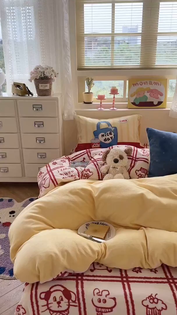 91家纺网 家纺一手货源 找家纺 （总）柚子YOUTH 2025新款加厚牛奶绒卡通毛巾绣四件套-印加绣送同款毛毯