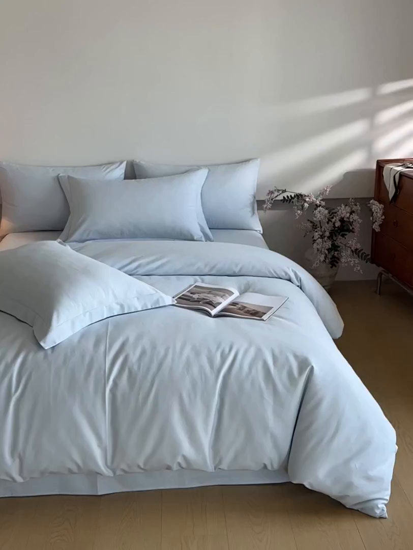 91家纺网 家纺一手货源 找家纺 618家纺 2025新款全棉100支磨毛单品四件套系列-四件套 冰蓝