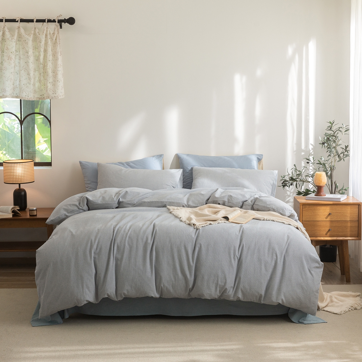 91家纺网 家纺一手货源 找家纺 （总）玖弘家居 2025新款亲肤水洗棉四件套-蓝密条