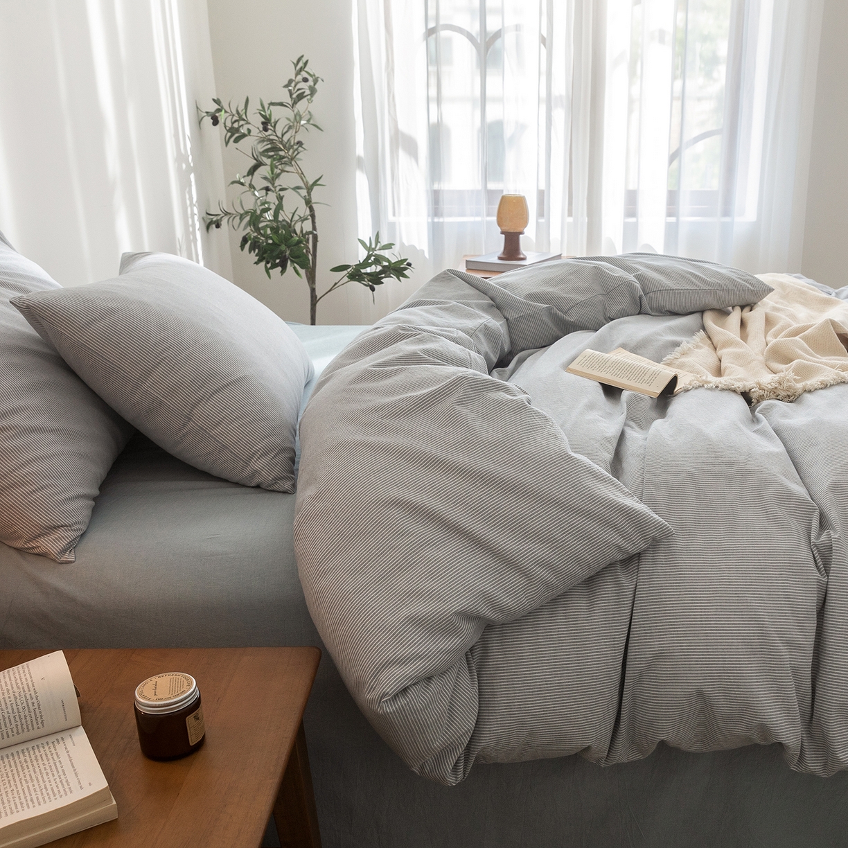 91家纺网 家纺一手货源 找家纺 （总）玖弘家居 2025新款亲肤水洗棉四件套-蓝密条