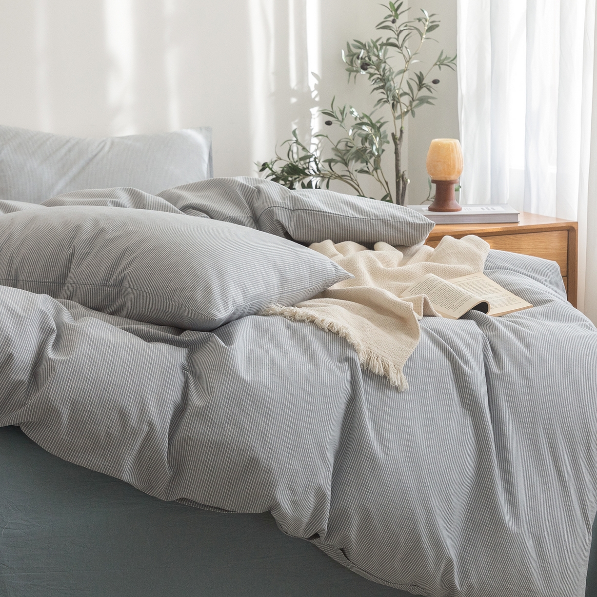 91家纺网 家纺一手货源 找家纺 （总）玖弘家居 2025新款亲肤水洗棉四件套-蓝密条