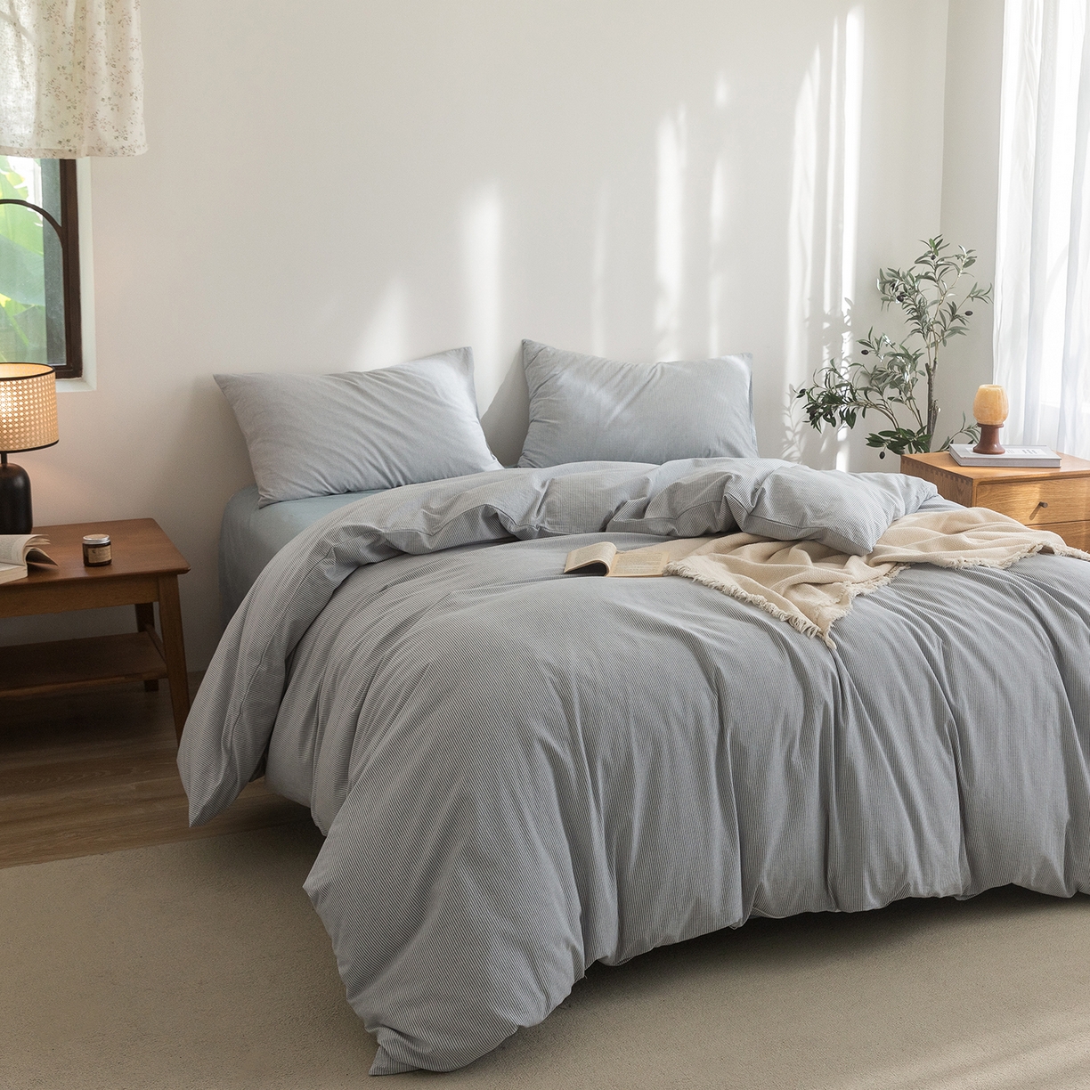 91家纺网 家纺一手货源 找家纺 （总）玖弘家居 2025新款亲肤水洗棉四件套-蓝密条