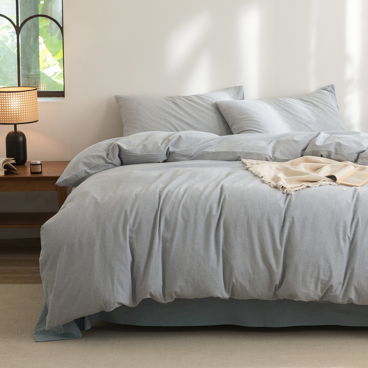 91家纺网 家纺一手货源 找家纺 （总）玖弘家居 2025新款亲肤水洗棉四件套-蓝密条