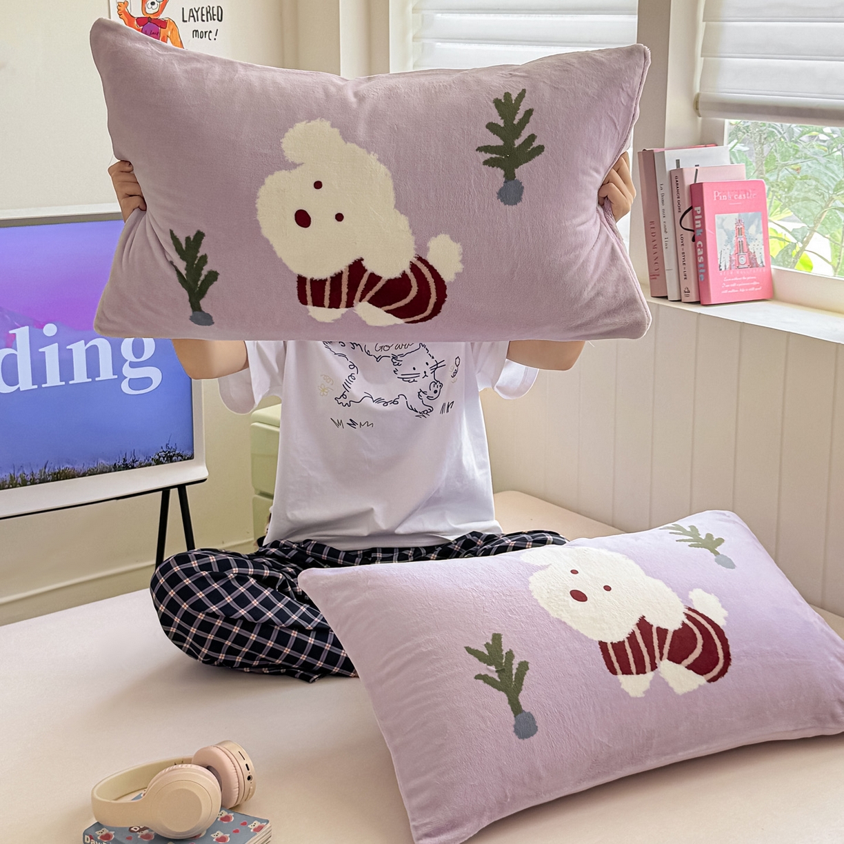 91家纺网 家纺一手货源 找家纺 佳汐蓝家纺 2025新款牛奶绒卡通大版枕套 可爱泰迪