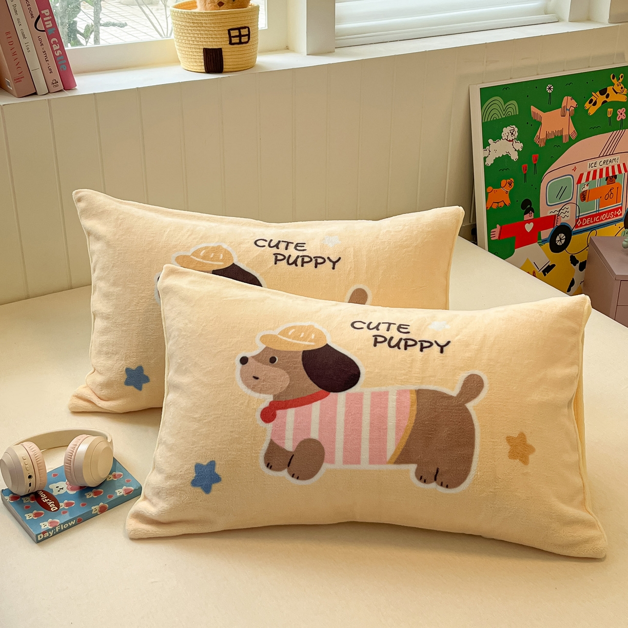 91家纺网 家纺一手货源 找家纺 佳汐蓝家纺 2025新款牛奶绒卡通大版枕套 腊肠狗-嫩黄