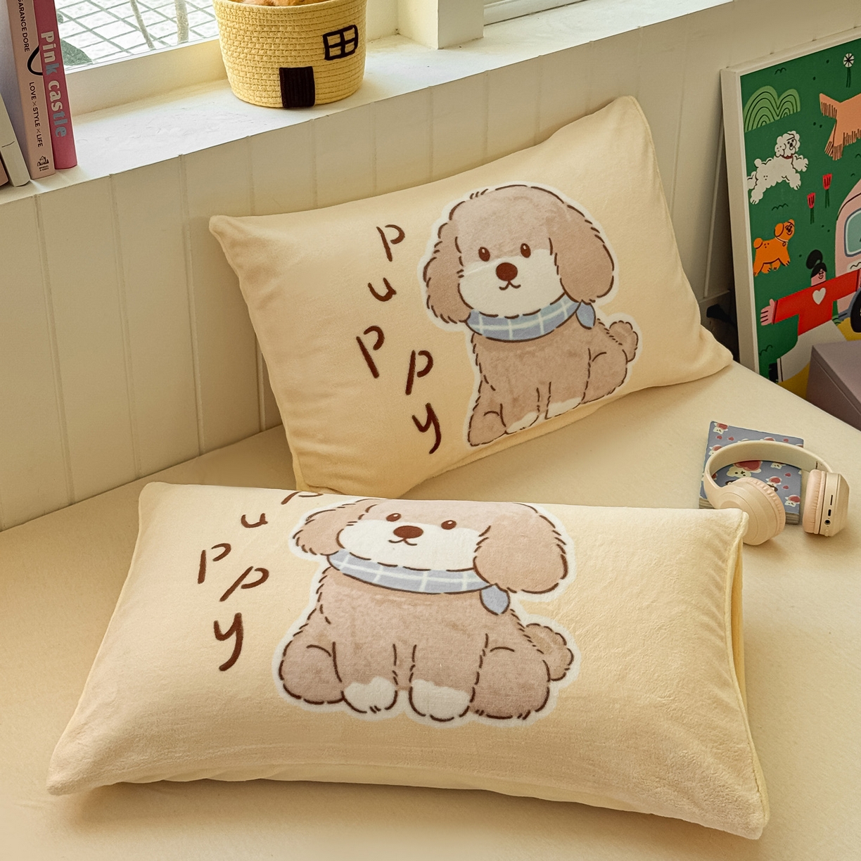 91家纺网 家纺一手货源 找家纺 佳汐蓝家纺 2025新款牛奶绒卡通大版枕套 萌犬