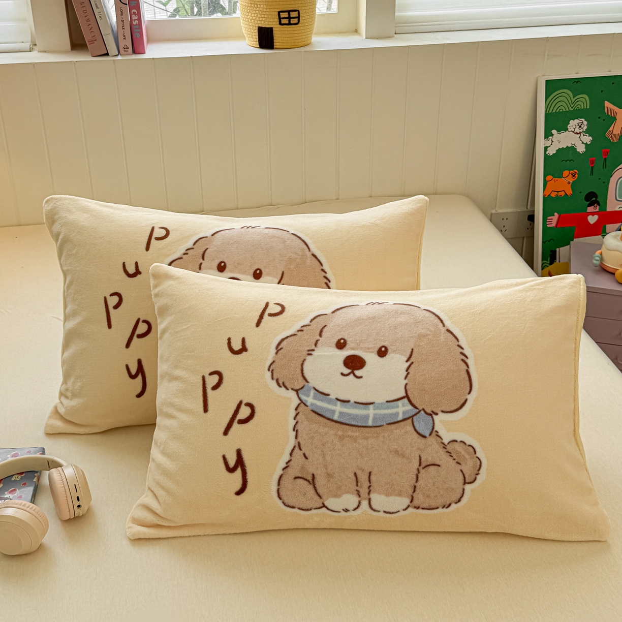 91家纺网 家纺一手货源 找家纺 佳汐蓝家纺 2025新款牛奶绒卡通大版枕套 萌犬