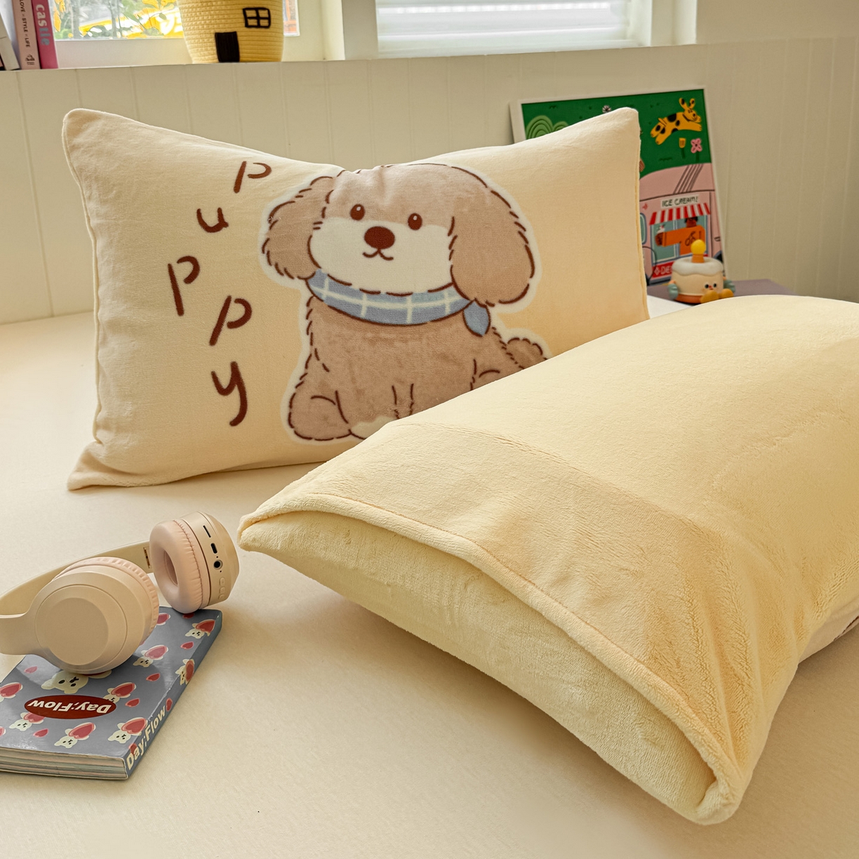 91家纺网 家纺一手货源 找家纺 佳汐蓝家纺 2025新款牛奶绒卡通大版枕套 萌犬