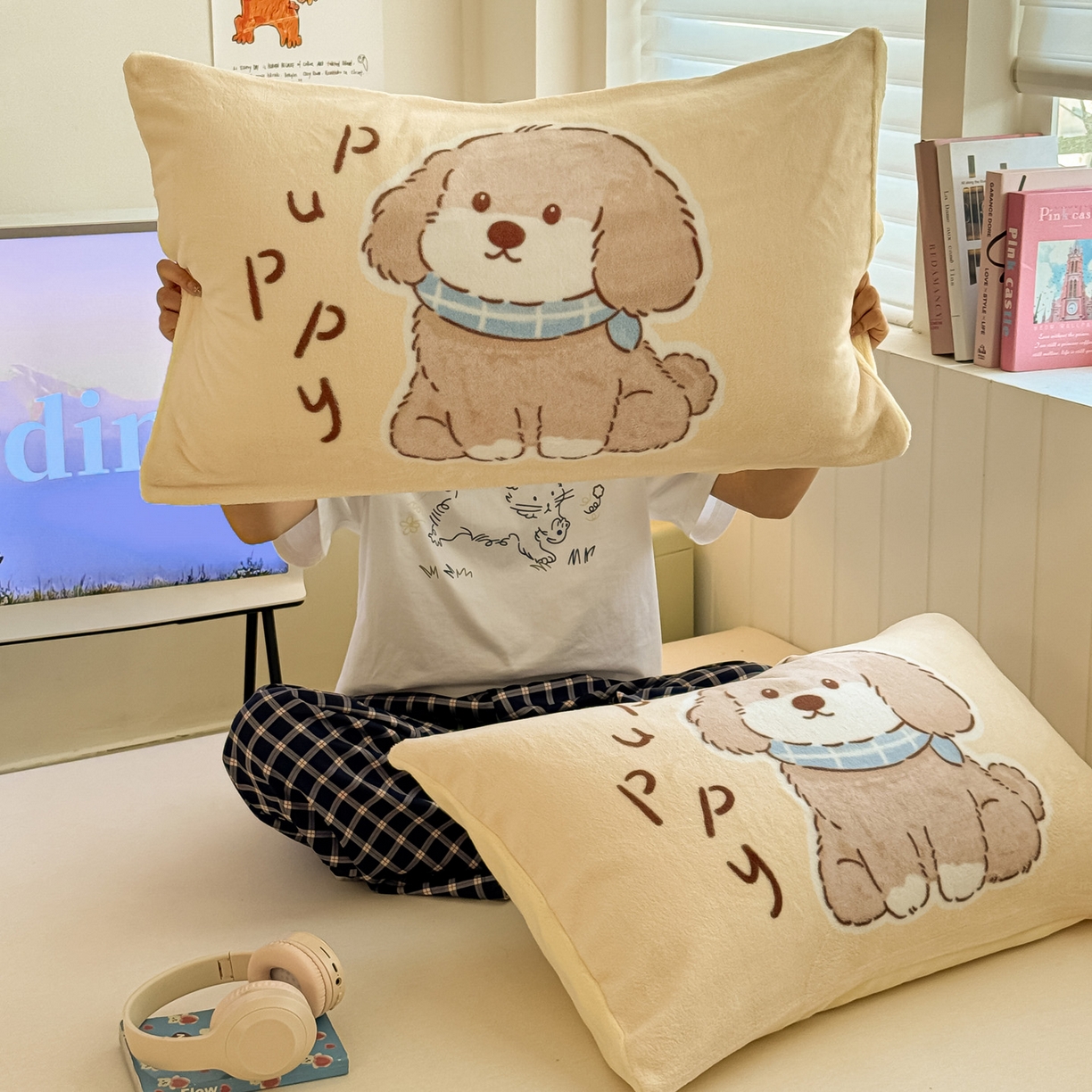 91家纺网 家纺一手货源 找家纺 佳汐蓝家纺 2025新款牛奶绒卡通大版枕套 萌犬
