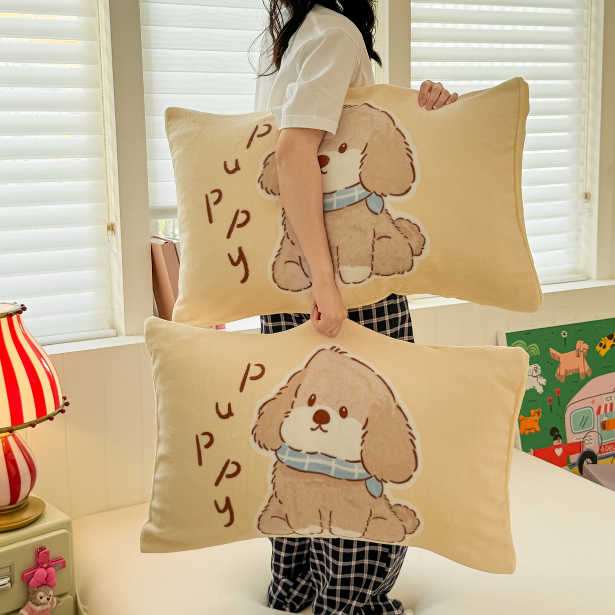 91家纺网 家纺一手货源 找家纺 佳汐蓝家纺 2025新款牛奶绒卡通大版枕套 萌犬