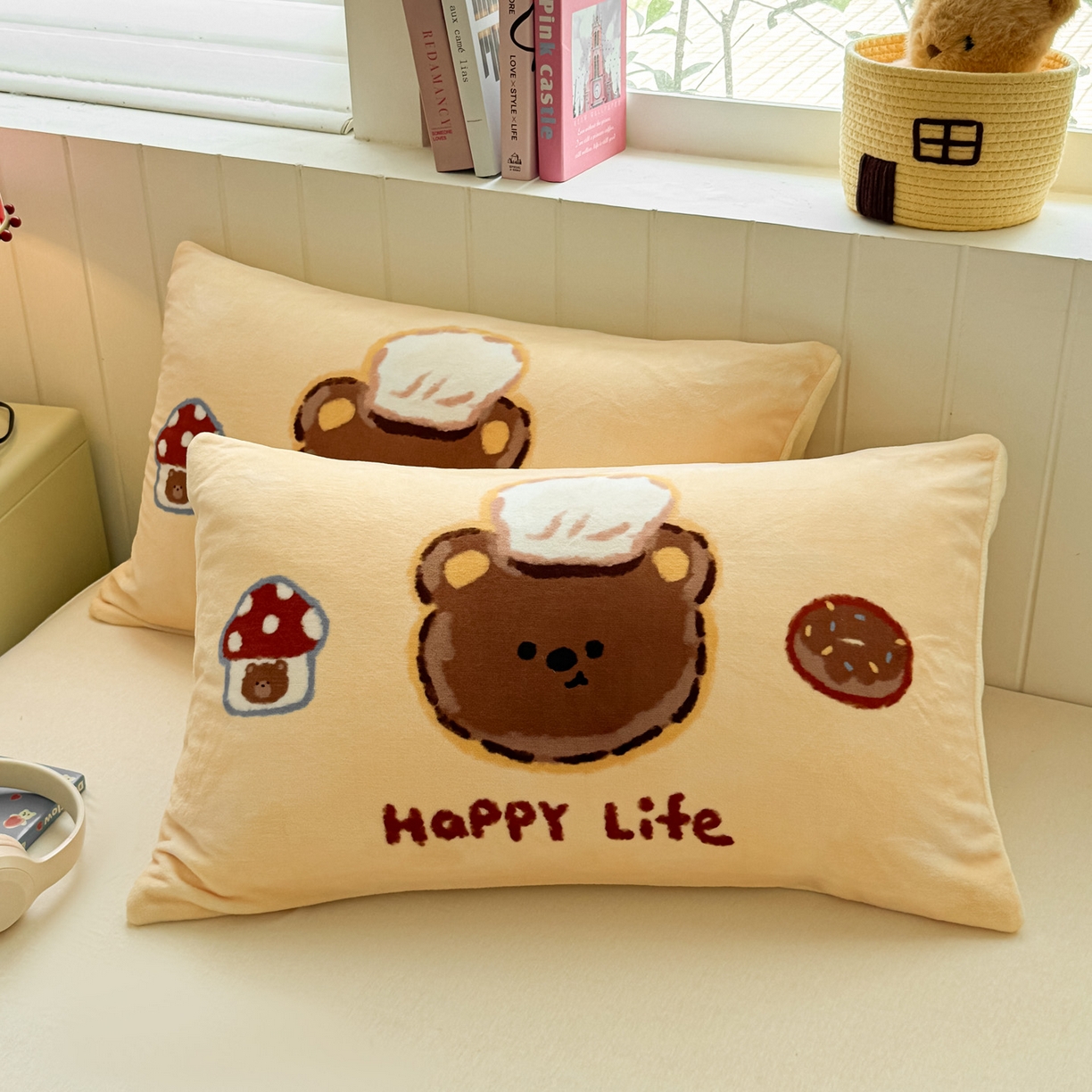 佳汐蓝家纺 2025新款牛奶绒卡通大版枕套 甜品熊