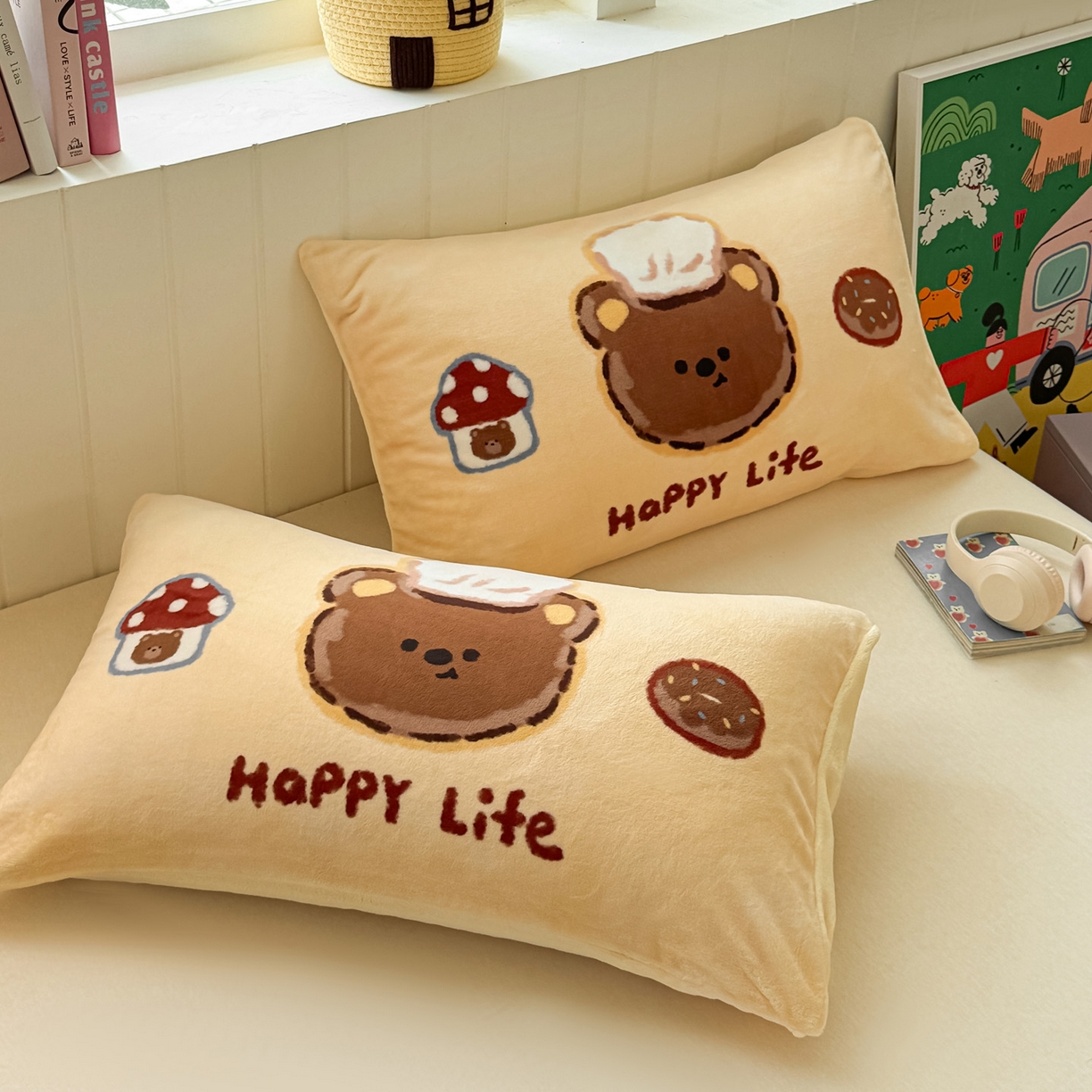 91家纺网 家纺一手货源 找家纺 佳汐蓝家纺 2025新款牛奶绒卡通大版枕套 甜品熊