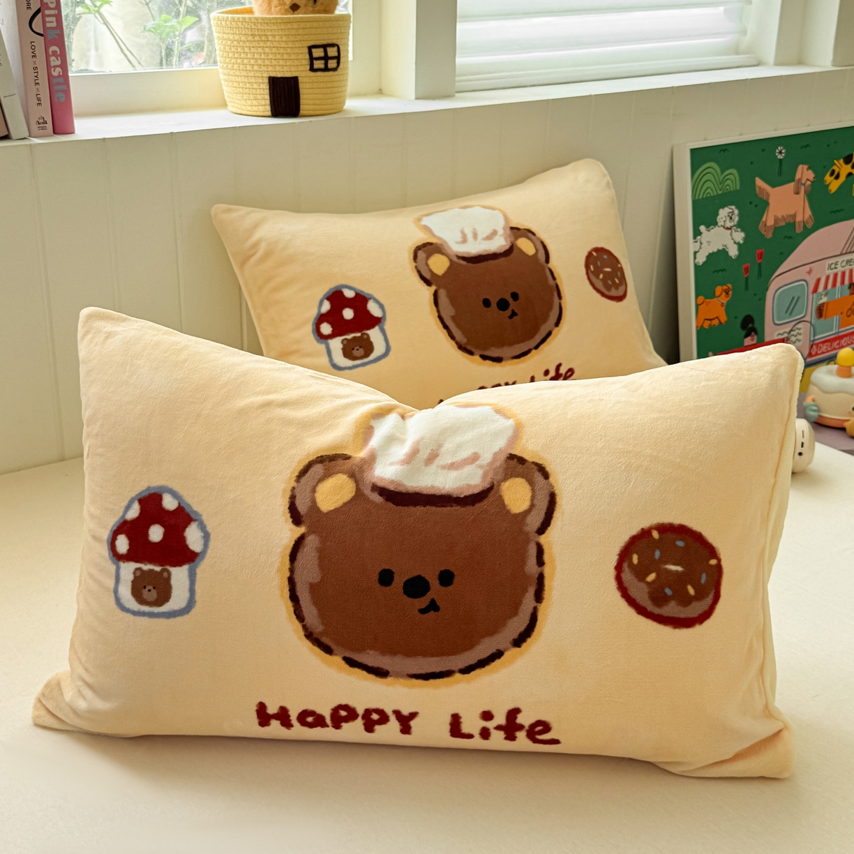 91家纺网 家纺一手货源 找家纺 佳汐蓝家纺 2025新款牛奶绒卡通大版枕套 甜品熊