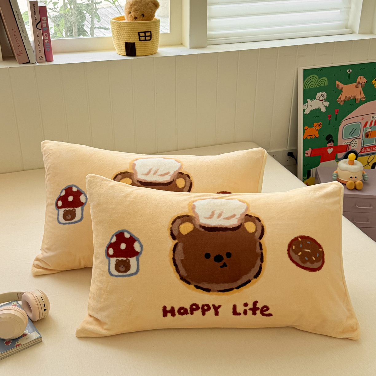 91家纺网 家纺一手货源 找家纺 佳汐蓝家纺 2025新款牛奶绒卡通大版枕套 甜品熊