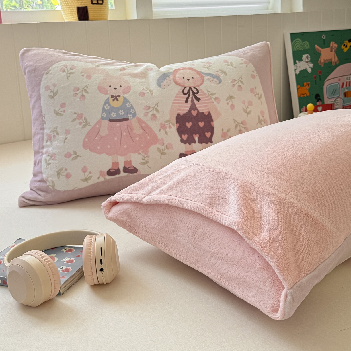 91家纺网 家纺一手货源 找家纺 佳汐蓝家纺 2025新款牛奶绒卡通大版枕套 兔女郎