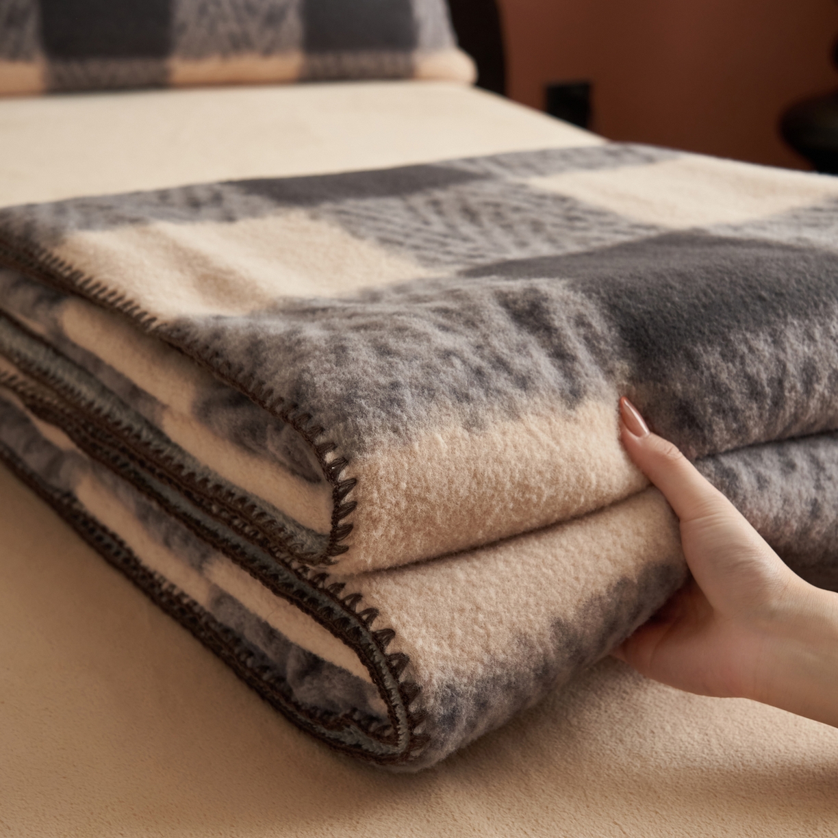早晨家纺 2025新款众若款仿羊绒牛奶绒毛毯 众若-格子驼