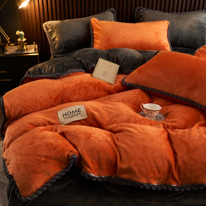 91家纺网 家纺一手货源 找家纺 早晨家纺 2025新款黑金牛奶绒纯色可拆洗冬被风格2 黑金-桔色
