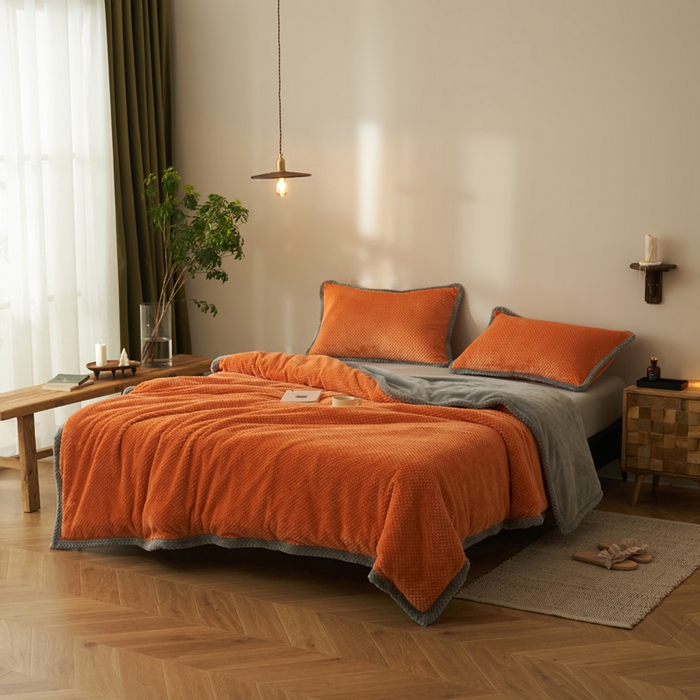 91家纺网 家纺一手货源 找家纺 早晨家纺 2025新款尚流款-提花双层毛毯【拉链款】 尚流-桔黄