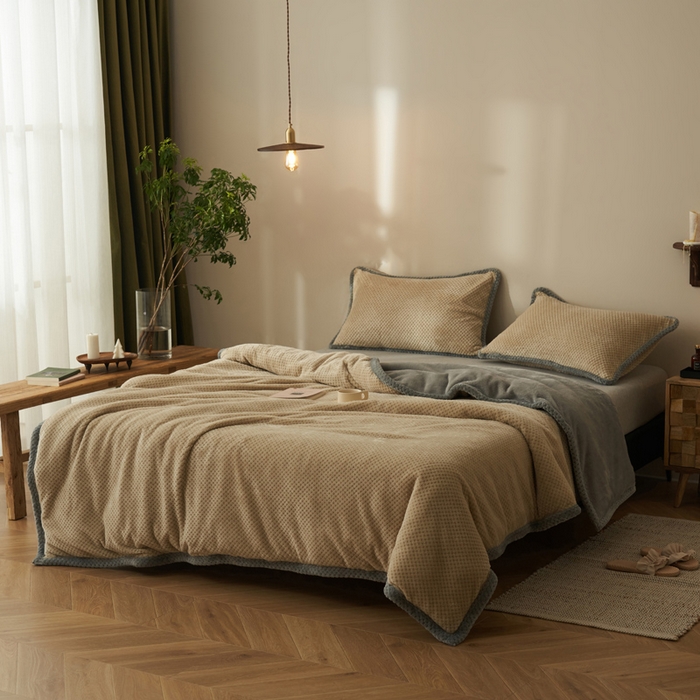 91家纺网 家纺一手货源 找家纺 早晨家纺 2025新款尚流款-提花双层毛毯【拉链款】 尚流-米驼