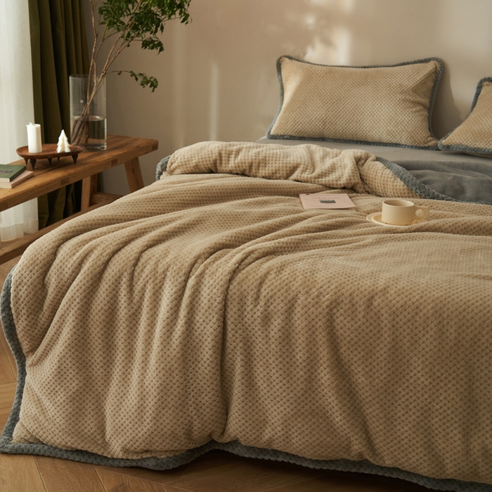 91家纺网 家纺一手货源 找家纺 早晨家纺 2025新款尚流款-提花双层毛毯【拉链款】 尚流-米驼