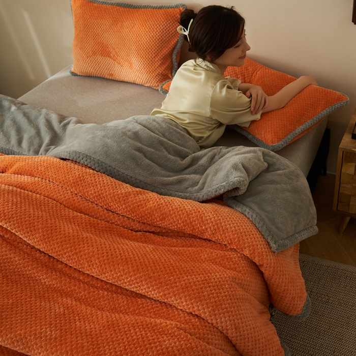 91家纺网 家纺一手货源 找家纺 早晨家纺 2025新款尚流款-提花双层毛毯【拉链款】 尚流-桔黄