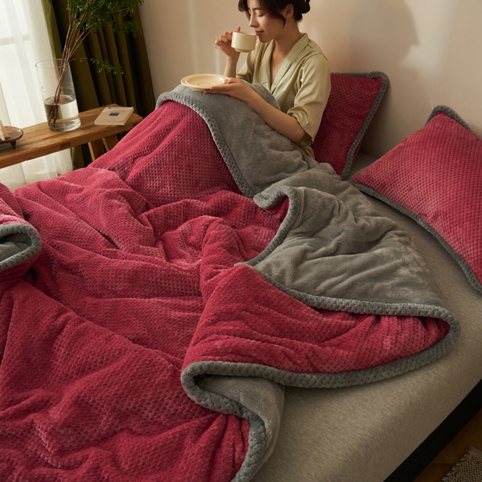 91家纺网 家纺一手货源 找家纺 早晨家纺 2025新款尚流款-提花双层毛毯【拉链款】 尚流-豆沙