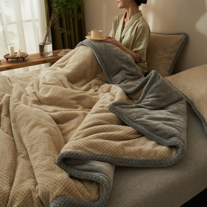 91家纺网 家纺一手货源 找家纺 早晨家纺 2025新款尚流款-提花双层毛毯【拉链款】 尚流-米驼