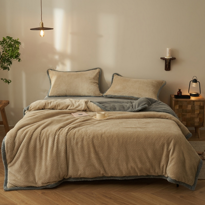 91家纺网 家纺一手货源 找家纺 早晨家纺 2025新款尚流款-提花双层毛毯【拉链款】 尚流-米驼