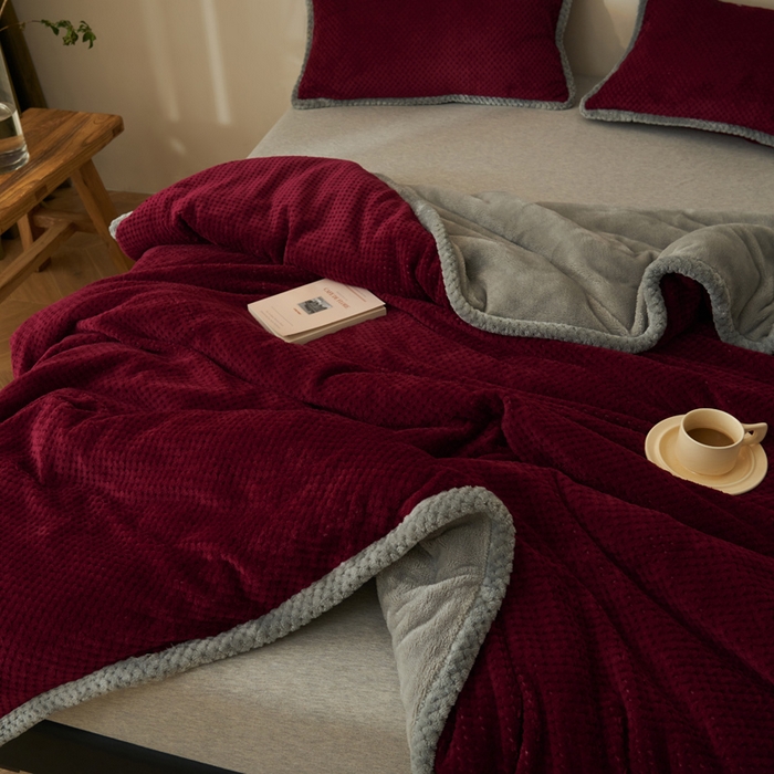 91家纺网 家纺一手货源 找家纺 早晨家纺 2025新款尚流款-提花双层毛毯【拉链款】 尚流-酒红