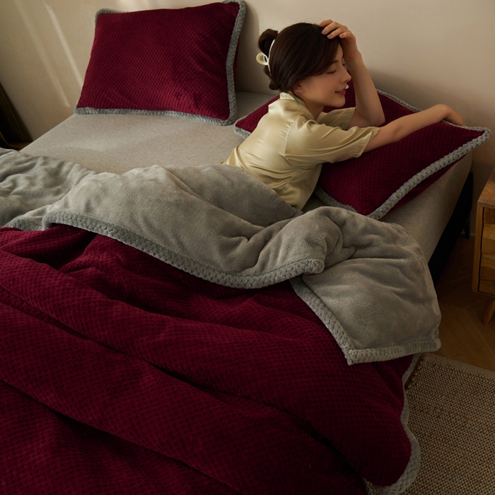 91家纺网 家纺一手货源 找家纺 早晨家纺 2025新款尚流款-提花双层毛毯【拉链款】 尚流-酒红