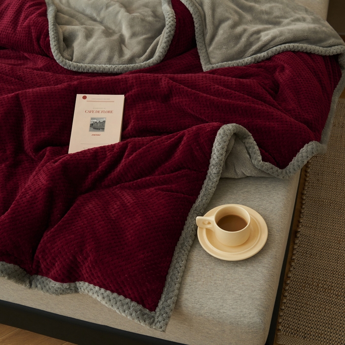 91家纺网 家纺一手货源 找家纺 早晨家纺 2025新款尚流款-提花双层毛毯【拉链款】 尚流-酒红