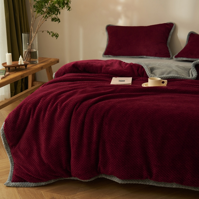 91家纺网 家纺一手货源 找家纺 早晨家纺 2025新款尚流款-提花双层毛毯【拉链款】 尚流-酒红