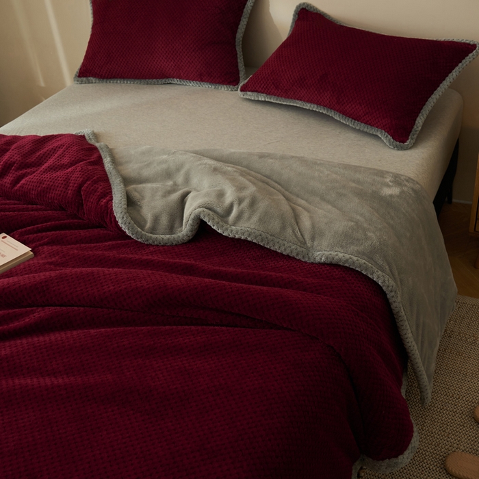 91家纺网 家纺一手货源 找家纺 早晨家纺 2025新款尚流款-提花双层毛毯【拉链款】 尚流-酒红