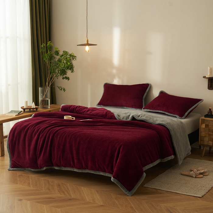 91家纺网 家纺一手货源 找家纺 早晨家纺 2025新款尚流款-提花双层毛毯【拉链款】 尚流-酒红