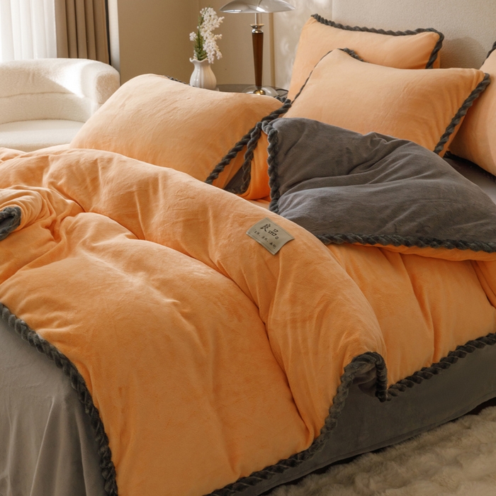 91家纺网 家纺一手货源 找家纺 早晨家纺 2025新款纯色双拼牛奶绒-可拆卸冬被 双拼橘色+浅灰