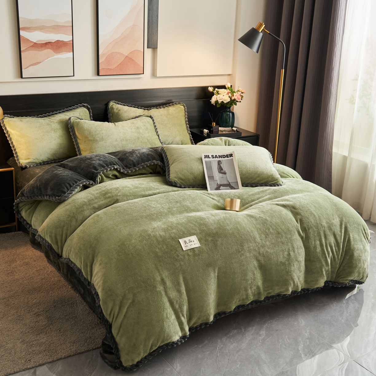 91家纺网 家纺一手货源 找家纺 早晨家纺 2025新款黑金牛奶绒纯色可拆洗冬被风格1 黑金-草绿
