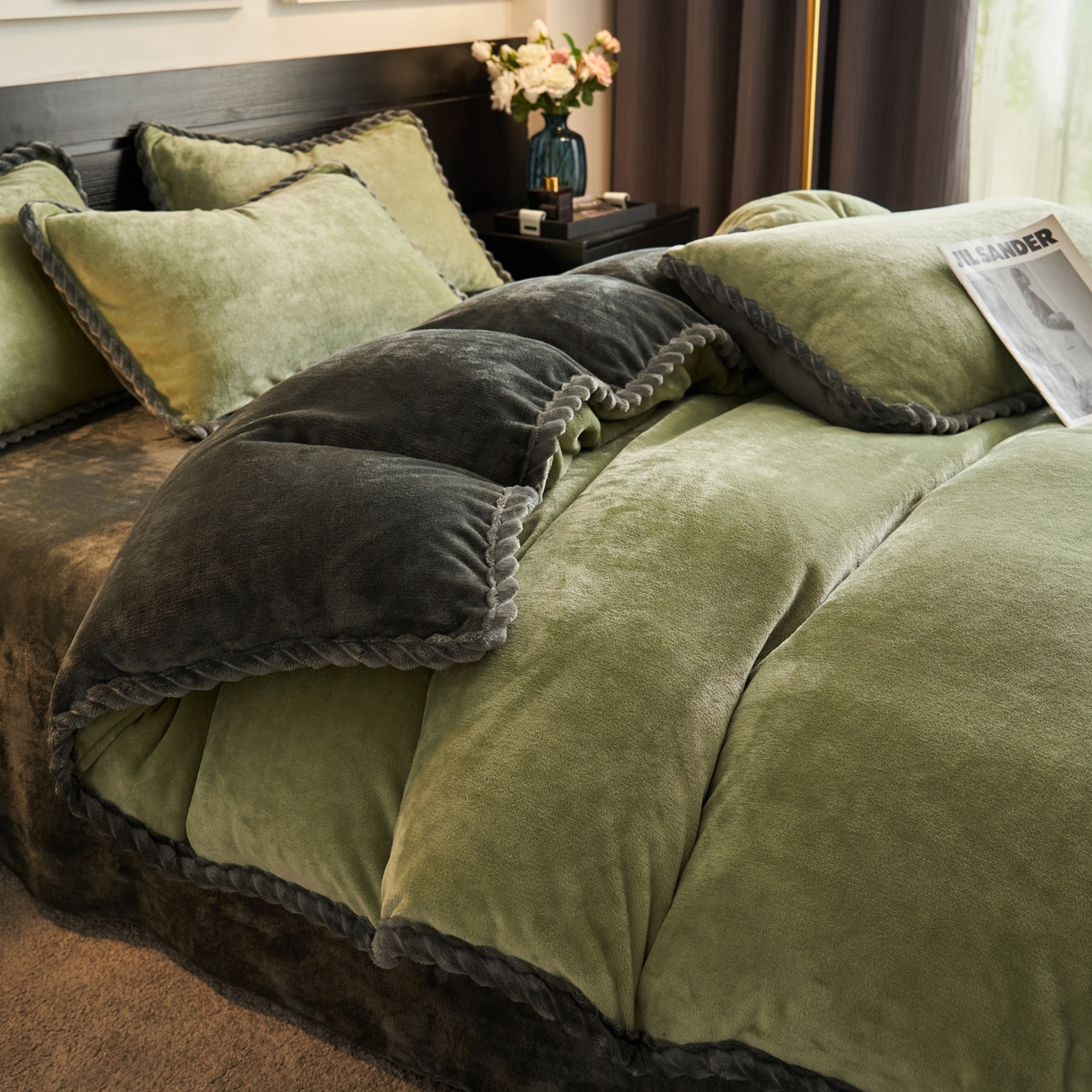 91家纺网 家纺一手货源 找家纺 早晨家纺 2025新款黑金牛奶绒纯色可拆洗冬被风格1 黑金-草绿
