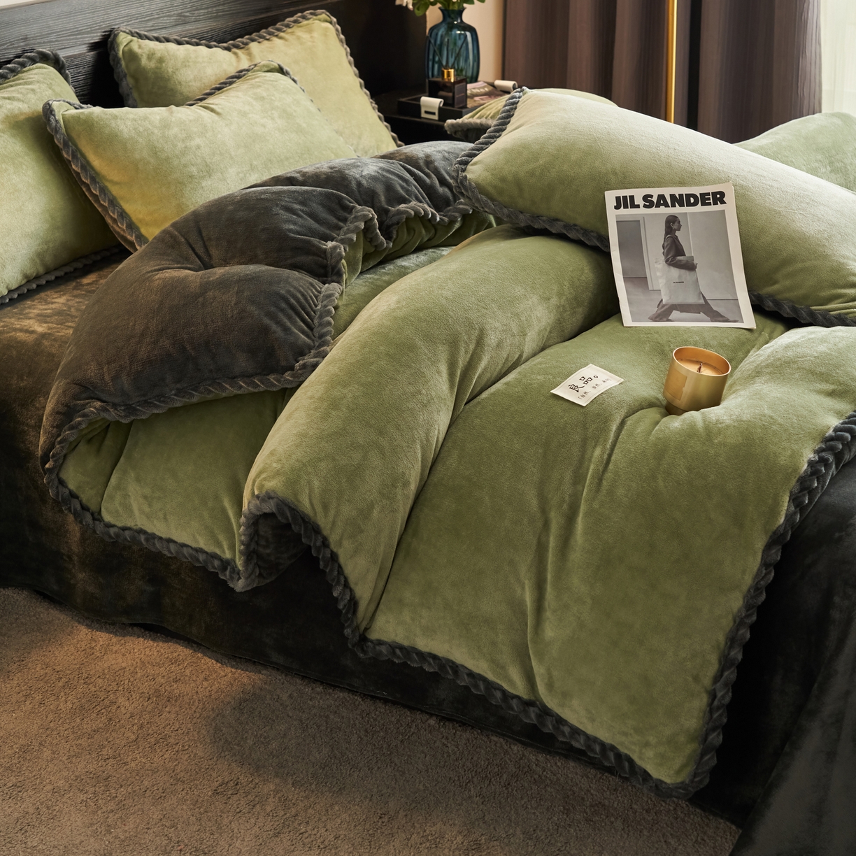 91家纺网 家纺一手货源 找家纺 早晨家纺 2025新款黑金牛奶绒纯色可拆洗冬被风格1 黑金-草绿