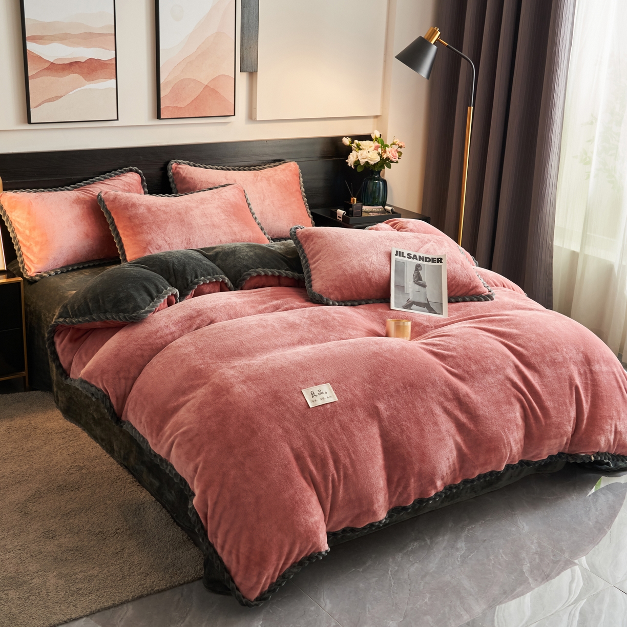 91家纺网 家纺一手货源 找家纺 早晨家纺 2025新款黑金牛奶绒纯色可拆洗冬被风格1 黑金-豆沙
