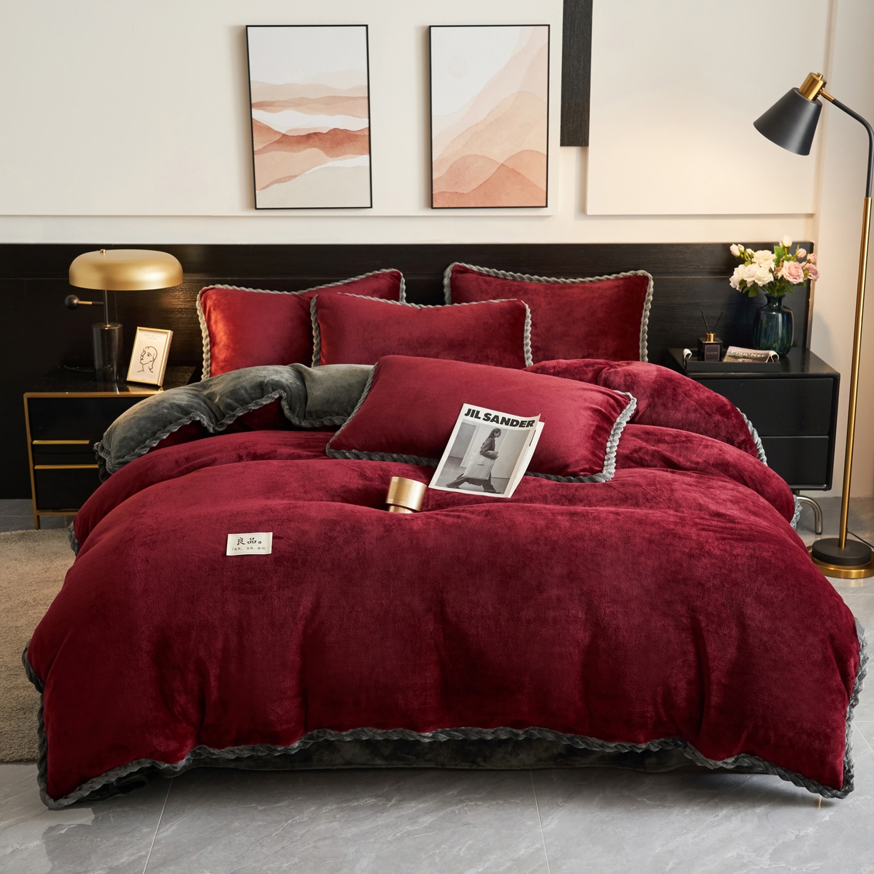 91家纺网 家纺一手货源 找家纺 早晨家纺 2025新款黑金牛奶绒纯色可拆洗冬被风格1 黑金-酒红