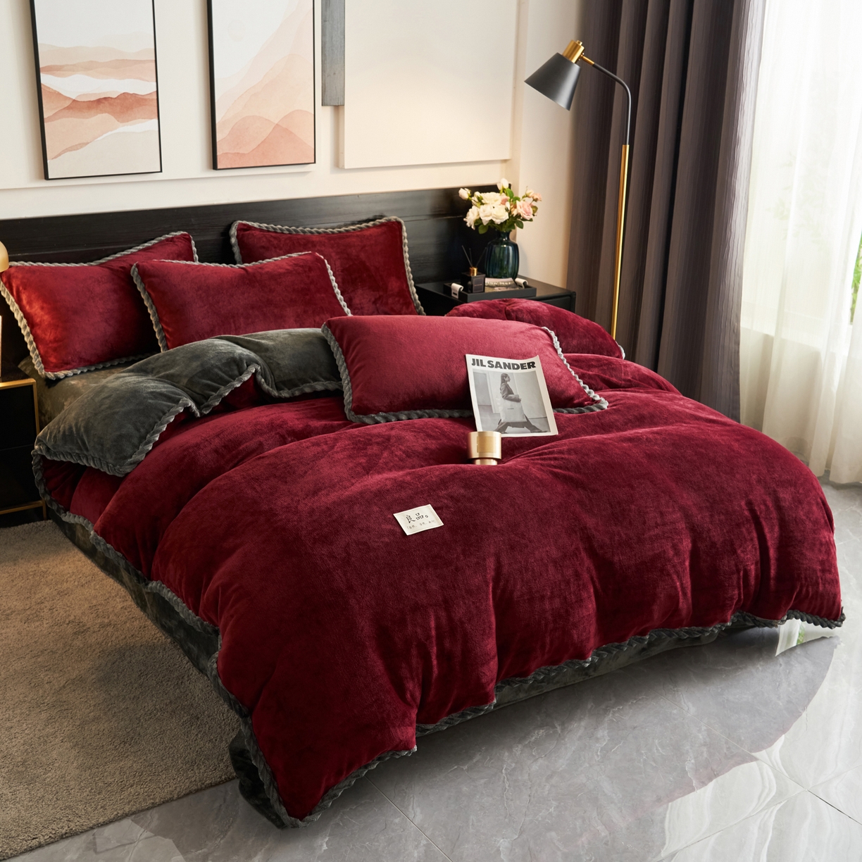 91家纺网 家纺一手货源 找家纺 早晨家纺 2025新款黑金牛奶绒纯色可拆洗冬被风格1 黑金-酒红