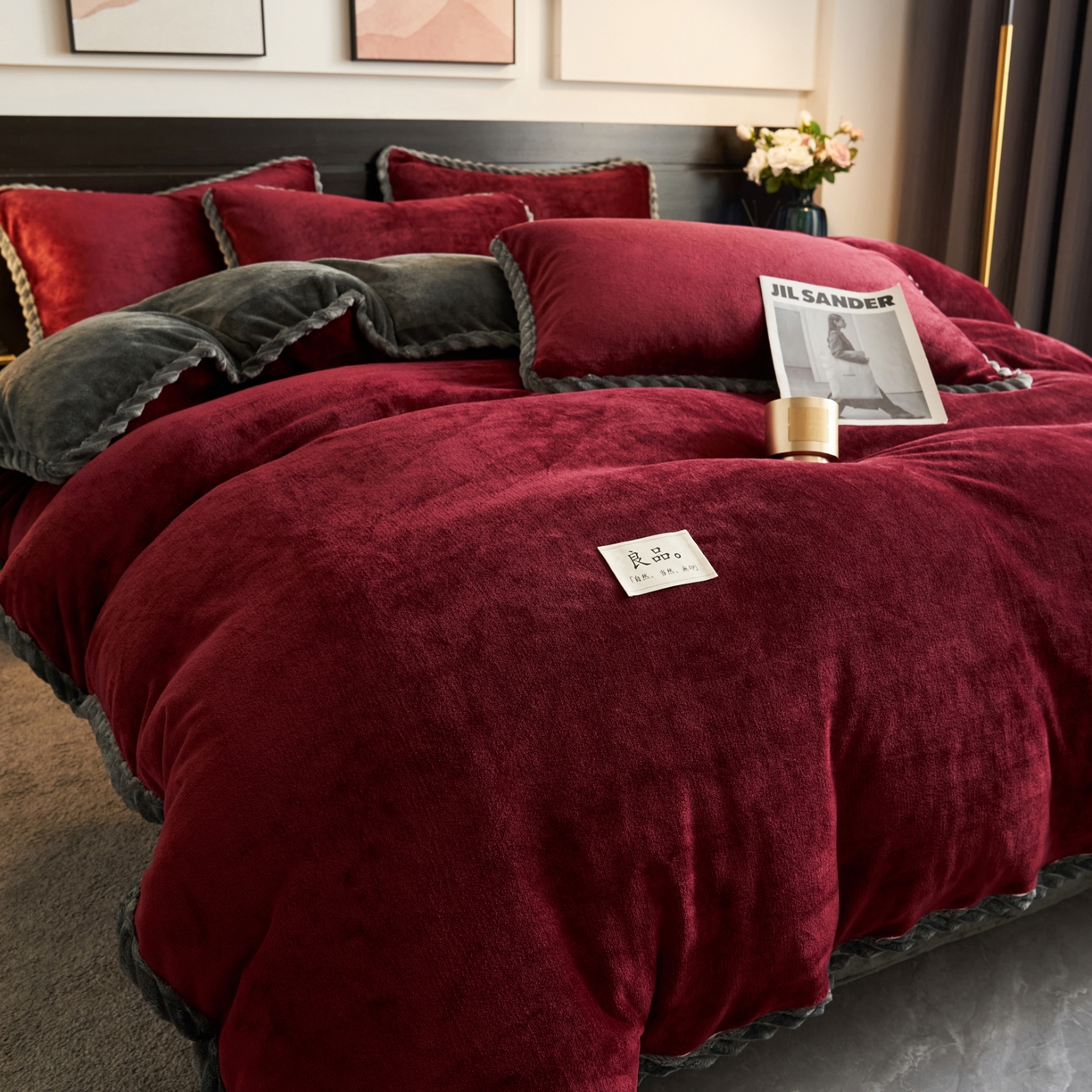 91家纺网 家纺一手货源 找家纺 早晨家纺 2025新款黑金牛奶绒纯色可拆洗冬被风格1 黑金-酒红
