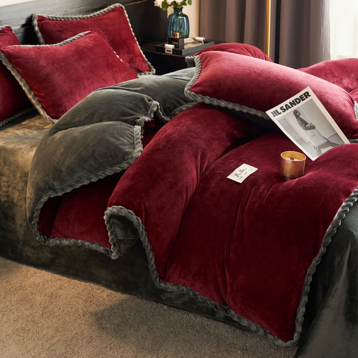 91家纺网 家纺一手货源 找家纺 早晨家纺 2025新款黑金牛奶绒纯色可拆洗冬被风格1 黑金-酒红