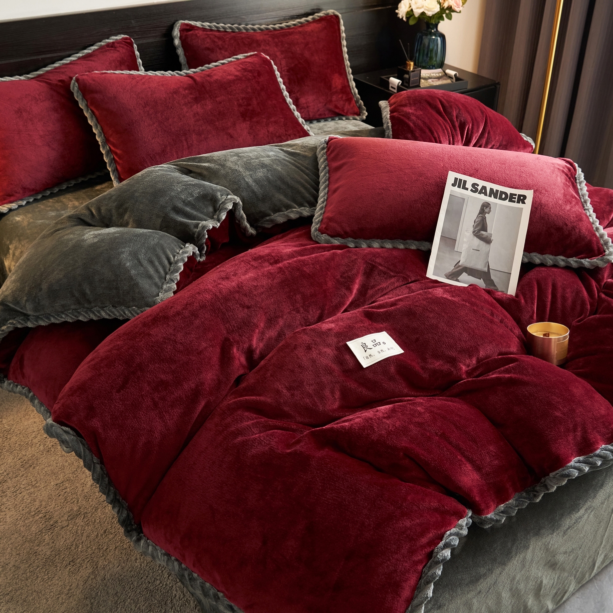 91家纺网 家纺一手货源 找家纺 早晨家纺 2025新款黑金牛奶绒纯色可拆洗冬被风格1 黑金-酒红