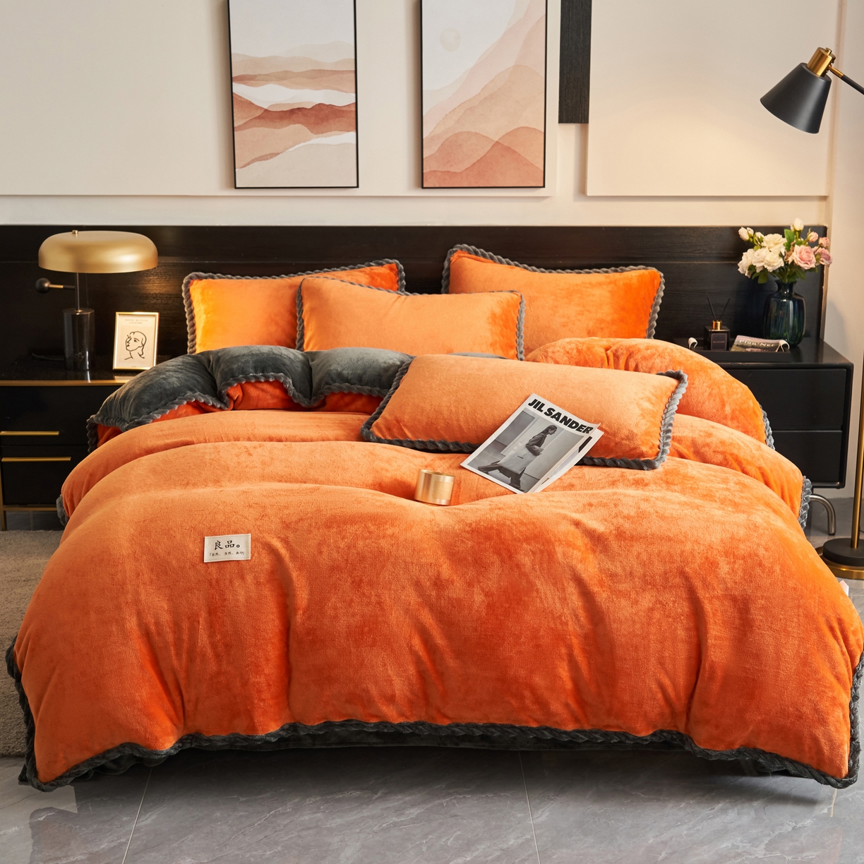 91家纺网 家纺一手货源 找家纺 早晨家纺 2025新款黑金牛奶绒纯色可拆洗冬被风格1 黑金-桔色